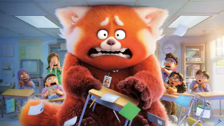A scene from Turning Red features Mei Lee, a red panda, looking panicked in a classroom while her classmates react in surprise. This vibrant 4K Ultra HD wallpaper captures the chaos.