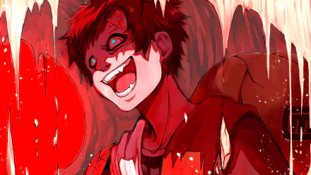 Gaara (Naruto) anime wallpaper: close-up 4K Ultra HD PC desktop background of Gaara with wild grin, glowing blue eyes and sand gourd, drenched in intense red tones and dripping texture.