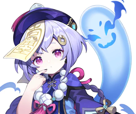 Qiqi (Genshin Impact) chibi portrait with a spectral blue ghost, purple eyes and talisman on her forehead — video game 2K Quad HD PC desktop wallpaper/background.