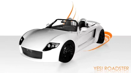 HD PC desktop wallpaper of a sleek roadster vehicle with black, dark accents on a bright backdrop and YES branding