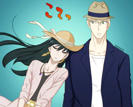 HD anime desktop wallpaper featuring Yor Forger and Loid Forger from Spy x Family, with Yor wearing a straw hat and Loid in a hat and blazer against a blue background.