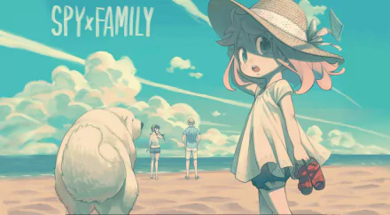 HD desktop wallpaper of Anya Forger, Bond (Spy x Family) at a beach with pastel colors and clear skies. The image is tagged with: Bond (Spy x Family), Anya Forger, Anime, Spy x Family.