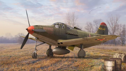Bell P-39 Airacobra military aircraft parked on a frosty field at dawn, rendered as an HD PC desktop wallpaper/background.