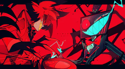 HD PC desktop wallpaper featuring Vox and Alastor from the TV show Hazbin Hotel, showcasing their dynamic and vibrant character designs in bold red and black tones.