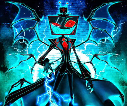 HD desktop wallpaper featuring Vox, a character from the TV show Hazbin Hotel, depicted with electric blue and red neon effects in a dynamic, glitchy style.