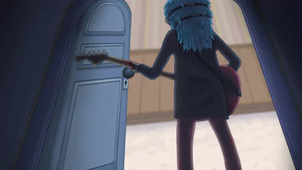 HD PC desktop wallpaper depicting a character from the video game Sally Face holding a guitar while standing near a door.