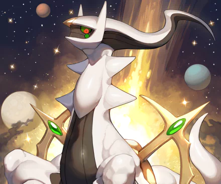 HD PC desktop wallpaper featuring Arceus from the video game Pokémon Legends: Arceus, set against a cosmic background with stars and celestial bodies.