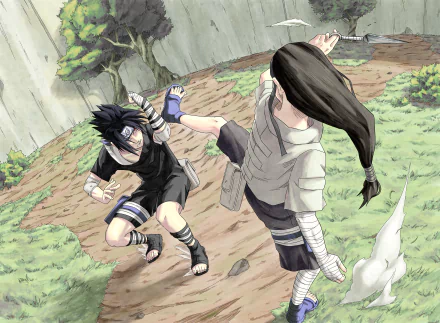 HD PC desktop wallpaper featuring Neji Hyūga and Sasuke Uchiha from the anime Naruto engaged in a dynamic combat scene.