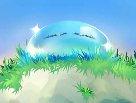 HD PC desktop wallpaper: Rimuru Tempest from the anime That Time I Got Reincarnated as a Slime — a shiny blue slime resting contentedly on a grassy hill under a bright sky.