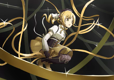 Mami Tomoe from Puella Magi Madoka Magica - anime 2K Quad HD PC desktop wallpaper/background. Crouched midair, golden ribbons and sparkles swirl around her against a dark backdrop.