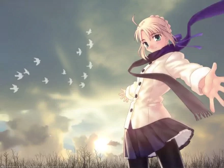 Saber from Fate/Zero in an anime-style HD wallpaper, smiling with a blush, wearing a scarf, skirt, and pantyhose against a cloudy sky with white birds.