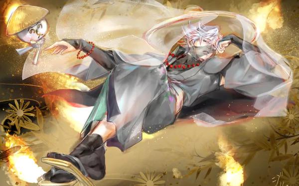 Kakashi Hatake (Naruto) anime 4K Ultra HD PC desktop wallpaper — masked silver-haired ninja drifting in flowing robes amid golden sparks and ethereal swirls