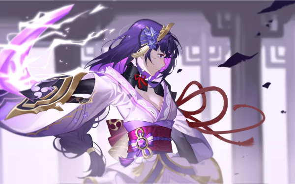 Baal (Raiden Shogun) from the video game Genshin Impact: purple-haired Electro archon in white-purple kimono, crackling lightning aura, dynamic 8K Ultra HD PC desktop wallpaper.