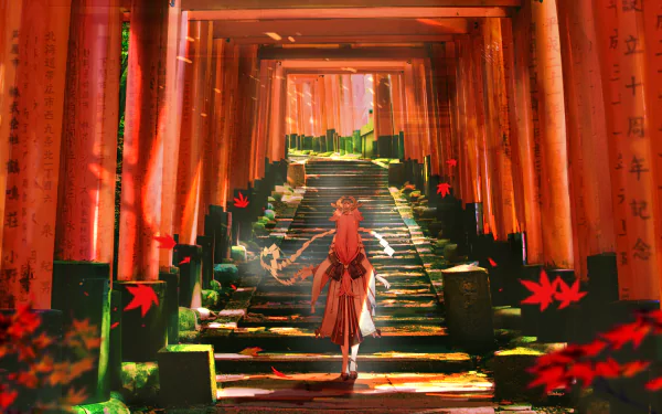 A vibrant 4K Ultra HD wallpaper featuring Yae Miko Guuji from Genshin Impact, walking through a serene path lined with red torii gates and autumn leaves.