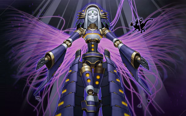 HD PC desktop wallpaper featuring a character from the video game Yu-Gi-Oh! Master Duel with glowing purple energy wings and futuristic armor.