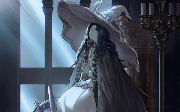 Ranni the Witch from Elden Ring stands in a dimly lit room, illuminated by soft sunlight through a window, captured in a 4K Ultra HD video game wallpaper.