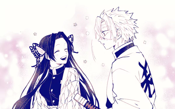 HD anime desktop wallpaper featuring Sanemi Shinazugawa and Kanae Kocho from Demon Slayer: Kimetsu no Yaiba in a soft, pastel-toned scene.