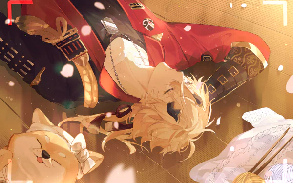 HD PC desktop wallpaper featuring Thoma from the video game Genshin Impact in a warm, detailed setting with soft lighting and a dog by his side.