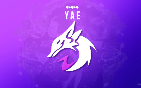 8K Ultra HD PC wallpaper featuring the white stylized emblem of Yae Miko Guuji from the video game Genshin Impact on a vibrant purple background.