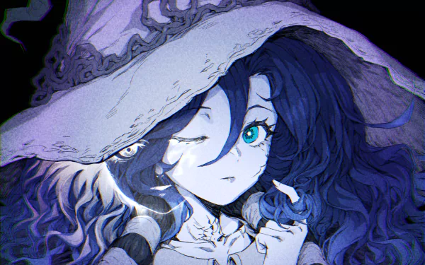 HD PC desktop wallpaper featuring Ranni the Witch from the video game Elden Ring, showcasing her distinctive blue eyes and elaborate hat in a dark, detailed style.