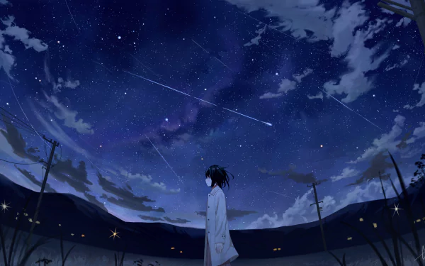 Anime night: lone figure beneath a vast starry sky with shooting stars, rendered as a 4K Ultra HD PC desktop wallpaper/background.