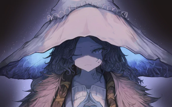 Ranni the Witch from the video game Elden Ring, close-up portrait beneath a wide hat, soft blue glow and feathered cloak — 5K Ultra HD PC desktop wallpaper background.