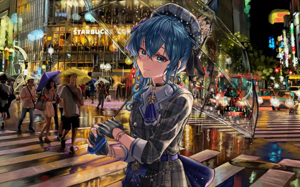 HD PC desktop wallpaper featuring Hoshimachi Suisei from hololive as a vibrant anime Virtual YouTuber set against a lively city street at night.