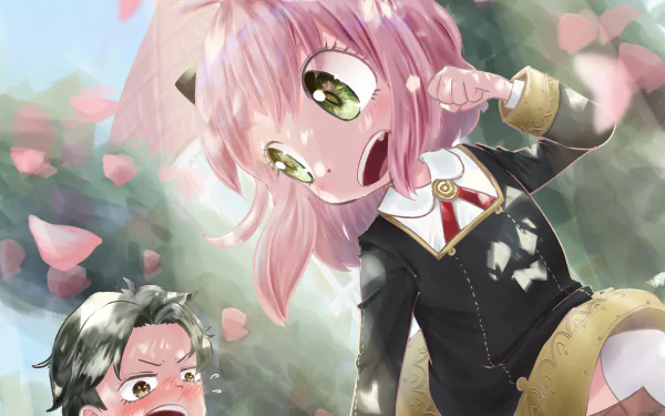 Anime Spy x Family 2K Quad HD PC desktop wallpaper: Anya Forger tugging Damian Desmond's cheek beneath falling cherry blossoms, playful expressions and warm, dappled sunlight.