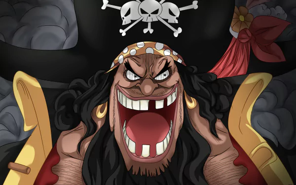 5K Ultra HD PC desktop wallpaper of Marshall D. Teach (Blackbeard) from One Piece: menacing, wide-mouthed roar, gold earrings, skull-and-bones hat and smoky backdrop.
