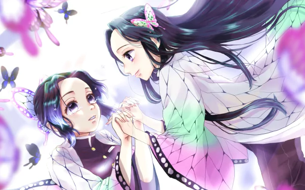 Anime HD desktop wallpaper of Kanae Kocho and Shinobu Kochou from Demon Slayer: Kimetsu no Yaiba, featuring soft colors and butterfly motifs.