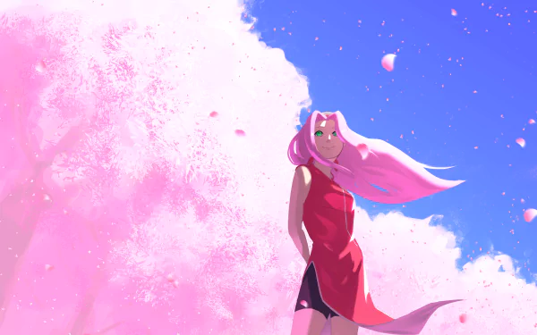 Sakura Haruno from Naruto stands against a vibrant blue sky with flowing pink hair and cherry blossom petals, rendered in stunning 4K Ultra HD anime style.