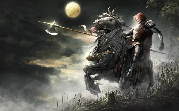 HD PC desktop wallpaper featuring a warrior on a rearing horse under a full moon, inspired by the video game Lineage.