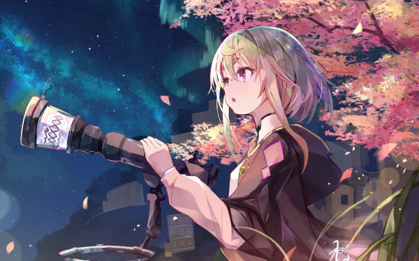 4K Ultra HD PC desktop wallpaper of an anime girl on an autumn night, gazing through a telescope beneath falling leaves and a vivid starry aurora sky.