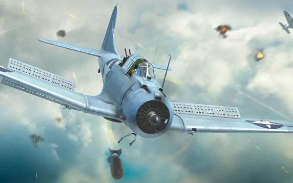 HD PC desktop wallpaper: military Douglas SBD Dauntless dive bomber in a cloudy sky, releasing a bomb with distant aircraft and explosions.