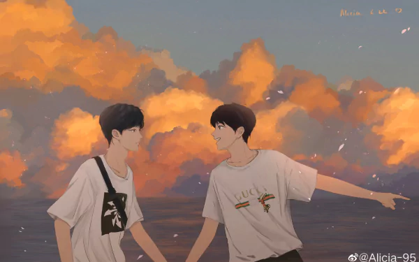 HD desktop wallpaper featuring animated versions of BTS members Suga (Min Yoongi) and Park Jimin against a vibrant sunset sky with scattered clouds.
