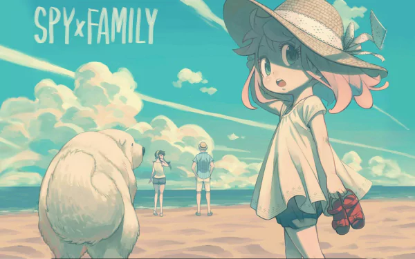 HD desktop wallpaper of Anya Forger, Bond (Spy x Family) at a beach with pastel colors and clear skies. The image is tagged with: Bond (Spy x Family), Anya Forger, Anime, Spy x Family.