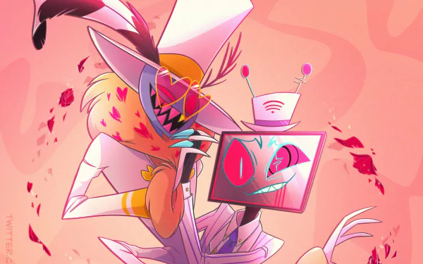 HD PC desktop wallpaper featuring Vox and Valentino from the TV show Hazbin Hotel, showcasing their distinct animated styles against a vibrant pink background.