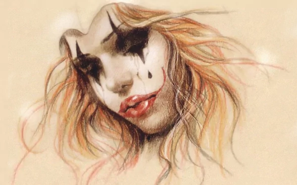 HD desktop wallpaper featuring a dark fantasy clown with smudged makeup and flowing hair, blending eerie and artistic elements in a hauntingly beautiful style.
