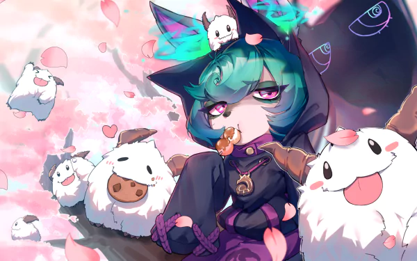 HD PC desktop wallpaper featuring Vex from League of Legends surrounded by playful poros in a vibrant, animated video game style.