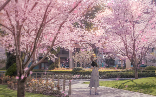 4K Ultra HD Love Live! Superstar!! anime wallpaper featuring Keke Tang standing under blooming cherry blossom trees in a serene park setting on a sunny day.