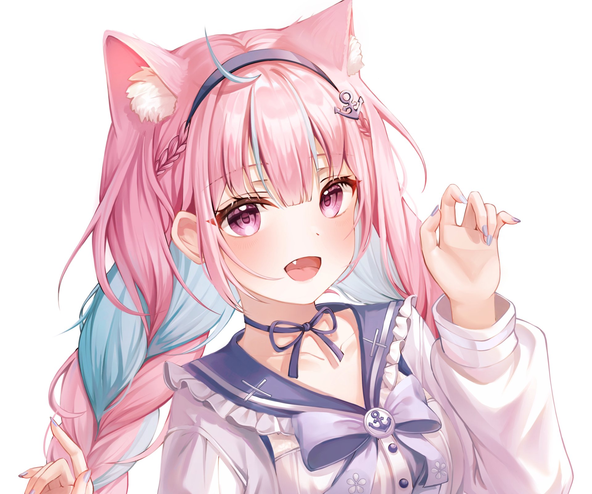 HD anime-style PC desktop wallpaper featuring Minato Aqua, a Virtual YouTuber from hololive, with pink and blue hair and a playful expression.