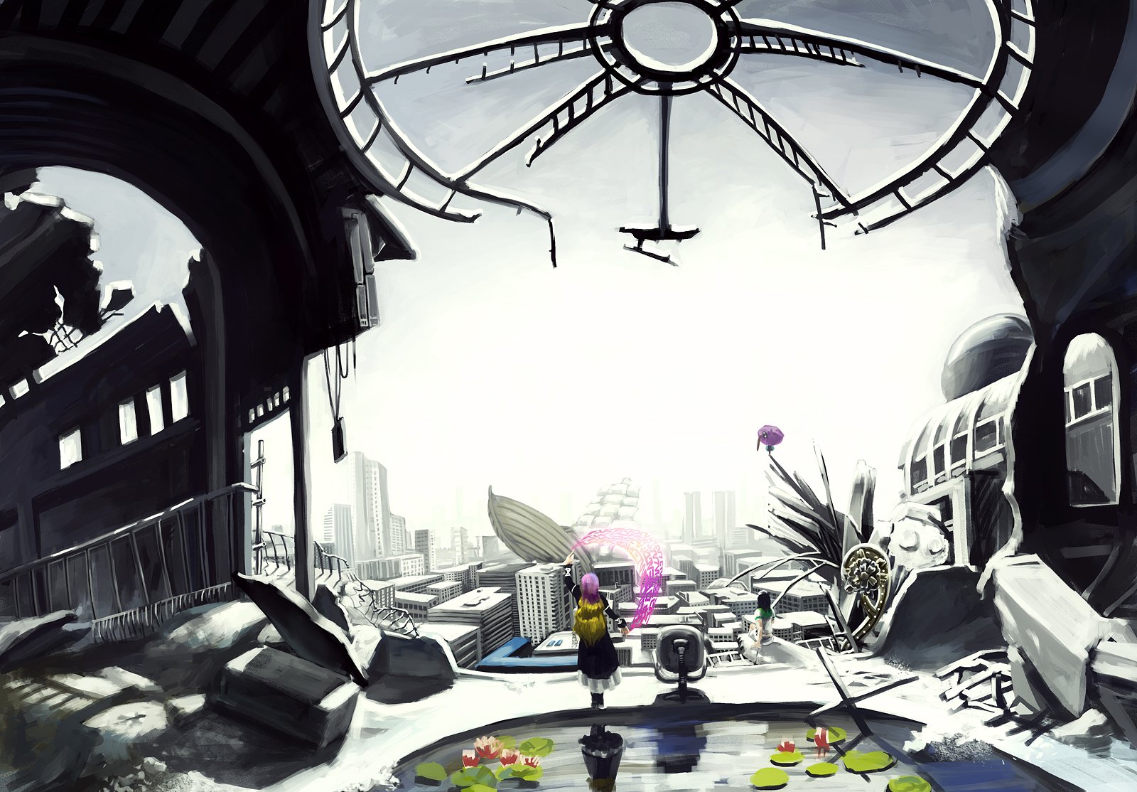 Byakuren Hijiri (Touhou) anime HD PC desktop wallpaper: solitary figure on a rooftop overlooking a ruined city and broken clockwork under a pale sky.