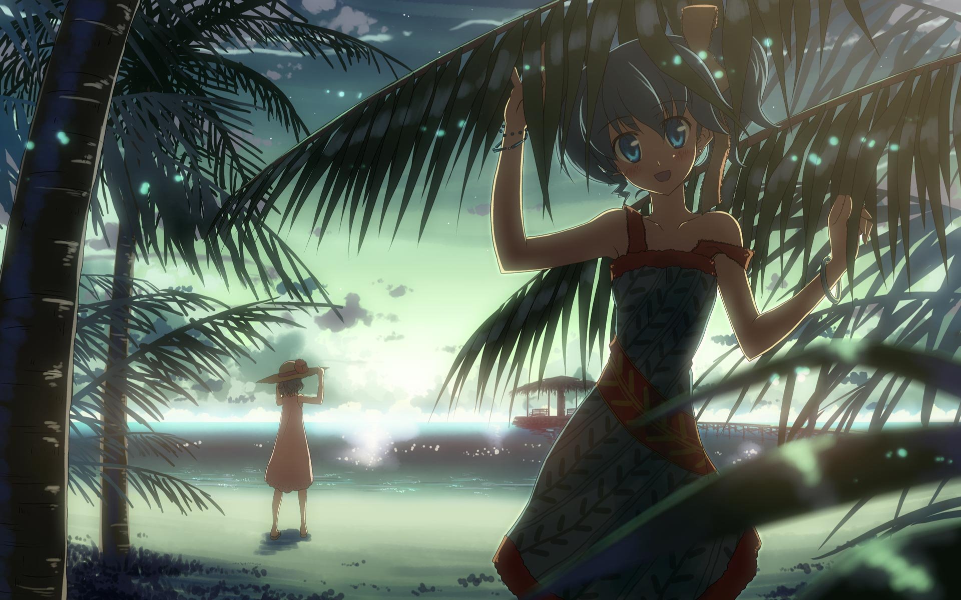 DJMax video game HD PC desktop wallpaper/background: anime-style twilight beach with palm trees, a girl in the foreground beneath fronds and another figure standing by the ocean.
