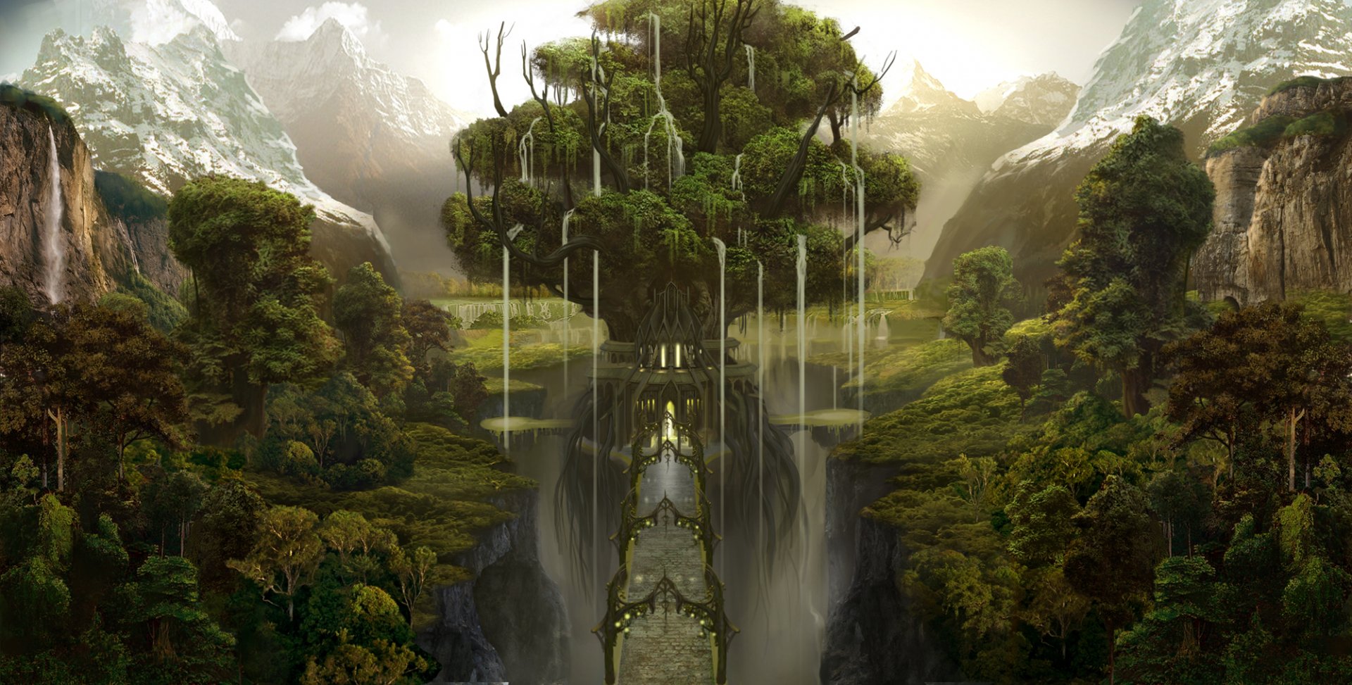 A detailed fantasy landscape with a massive tree at its center, surrounded by waterfalls and lush greenery, rendered as an HD PC desktop wallpaper.