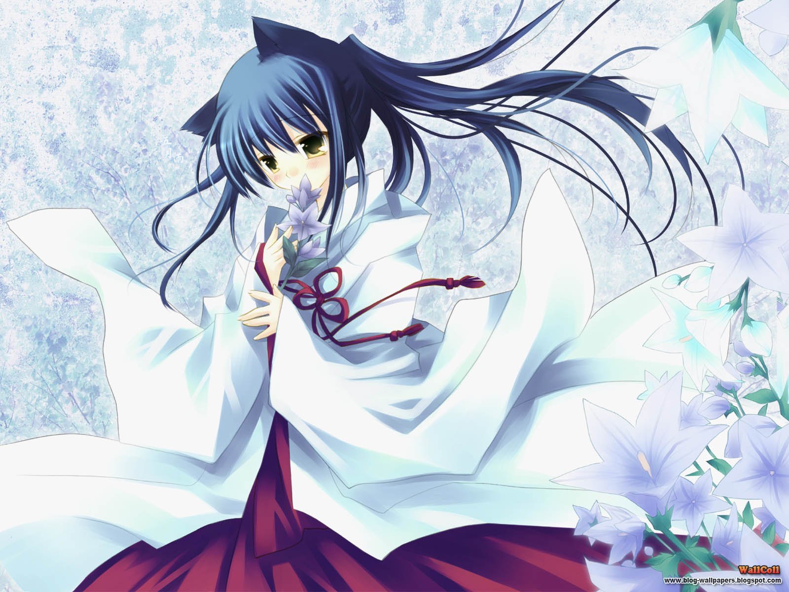 Anime woman with long blue hair in a flowing white kimono, clutching a small flower amid pale lilies and frosty textures — HD PC desktop wallpaper and background.