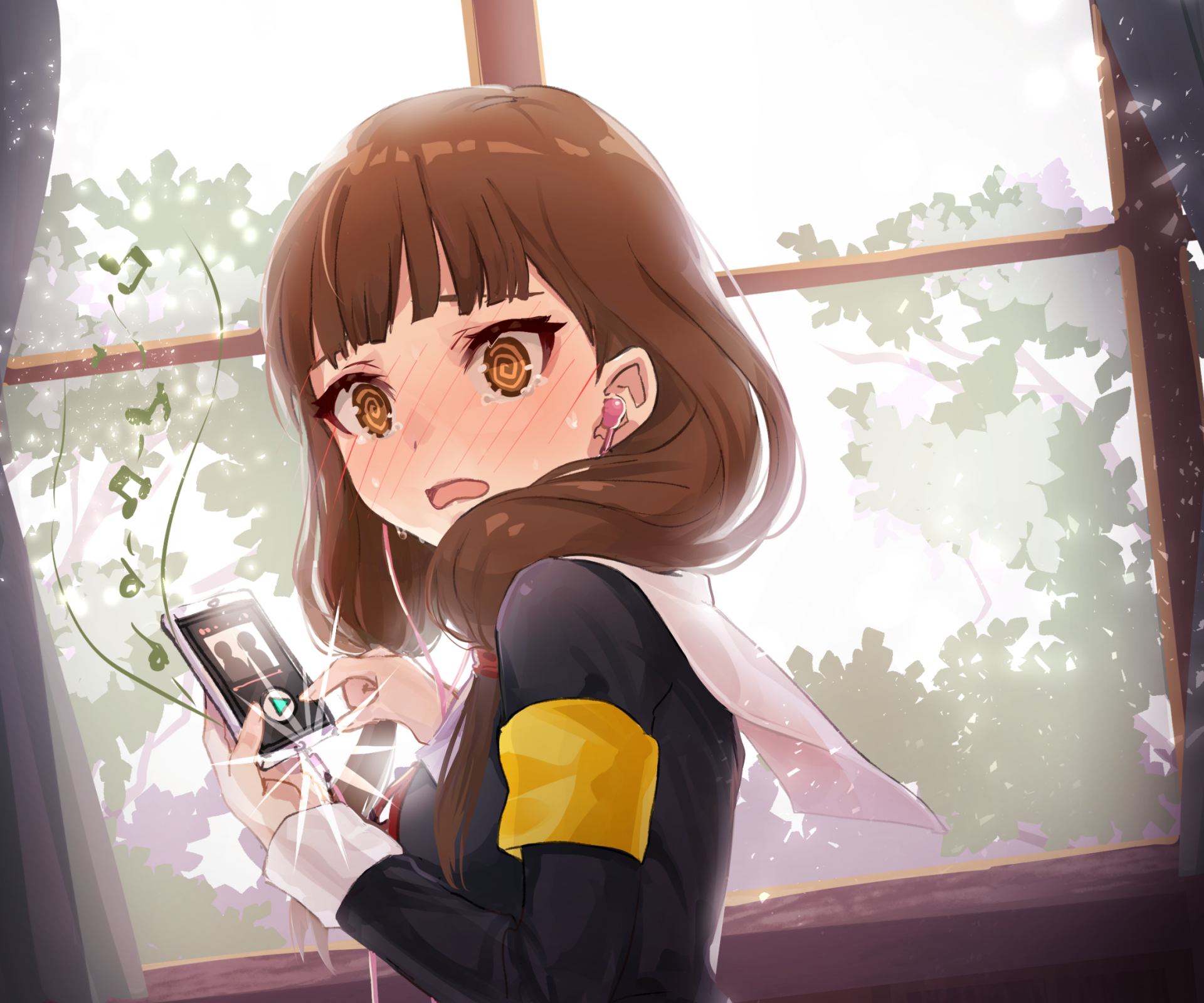 HD PC desktop wallpaper featuring Miko Iino from the anime Kaguya-sama: Love is War, showing her with earphones in a softly lit, leafy background.