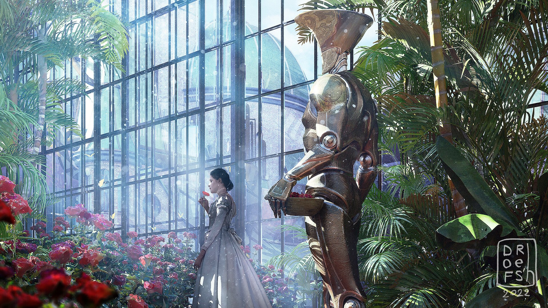 Royal figure in elegant attire accompanied by a futuristic knight in a lush greenhouse setting as HD desktop wallpaper background.