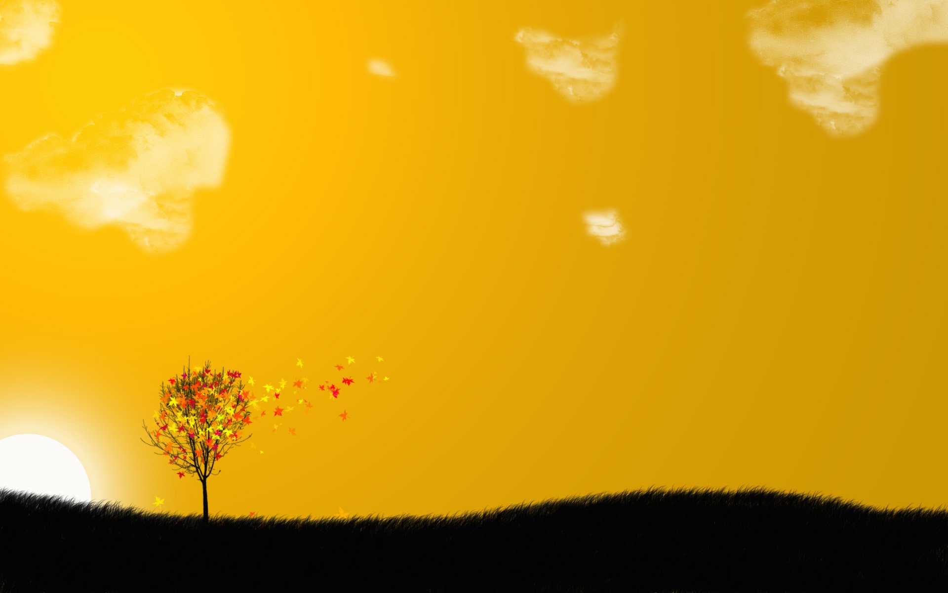 Artistic vector of a solitary tree with autumn leaves against a bright yellow sky, designed as an HD PC desktop wallpaper and background.