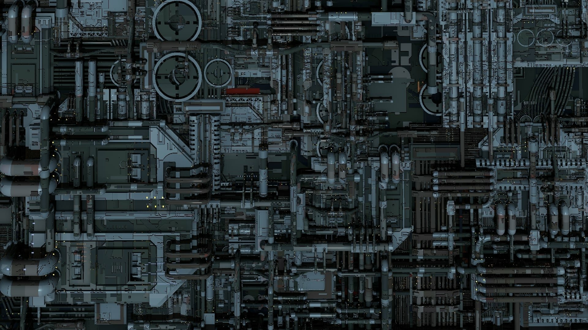 Sci-fi engine interior: dense maze of metallic pipes, vents, gears and circuit panels in dark teal and gunmetal, HD PC desktop wallpaper and background.