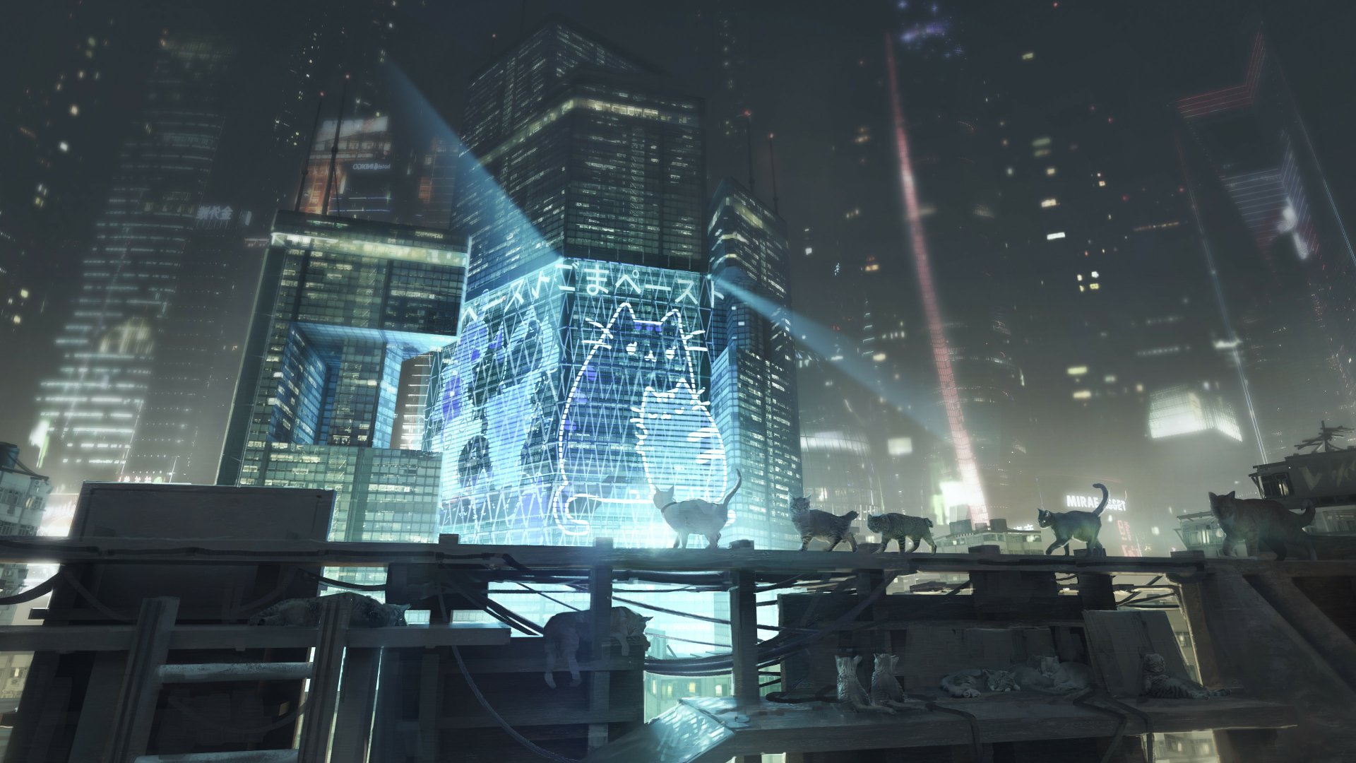 Anime-style cat hologram projected in a futuristic cityscape at night, rendered in 4K Ultra HD for PC desktop wallpaper and background.